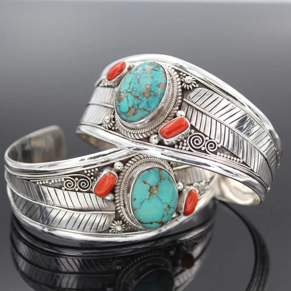 Turquoise Cuff Bracelets In Five Different Styles Silver Tone Choose Leaves Coral Cross One Two Or Three Stones Natural Stone Bohemian Southwestern Indian Jewelry