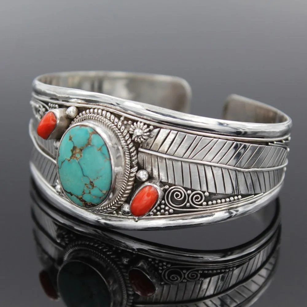 Turquoise Cuff Bracelets In Five Different Styles Silver Tone Choose Leaves Coral Cross One Two Or Three Stones Natural Stone Bohemian Southwestern Indian Jewelry