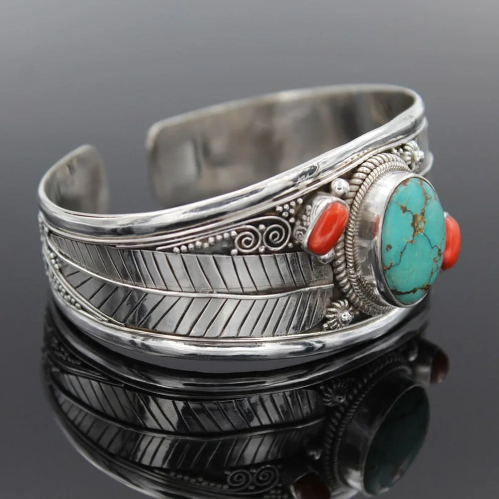 Turquoise Cuff Bracelets In Five Different Styles Silver Tone Choose Leaves Coral Cross One Two Or Three Stones Natural Stone Bohemian Southwestern Indian Jewelry