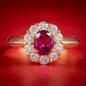 Vintage Burmese Ruby Diamond Cluster Ring 18ct Gold 1.10ct Natural Ruby With Cert