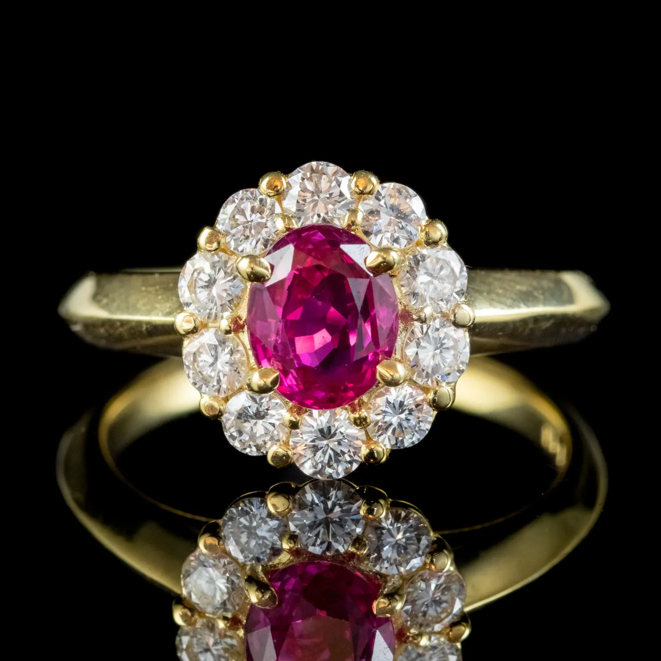 Vintage Burmese Ruby Diamond Cluster Ring 18ct Gold 1.10ct Natural Ruby With Cert