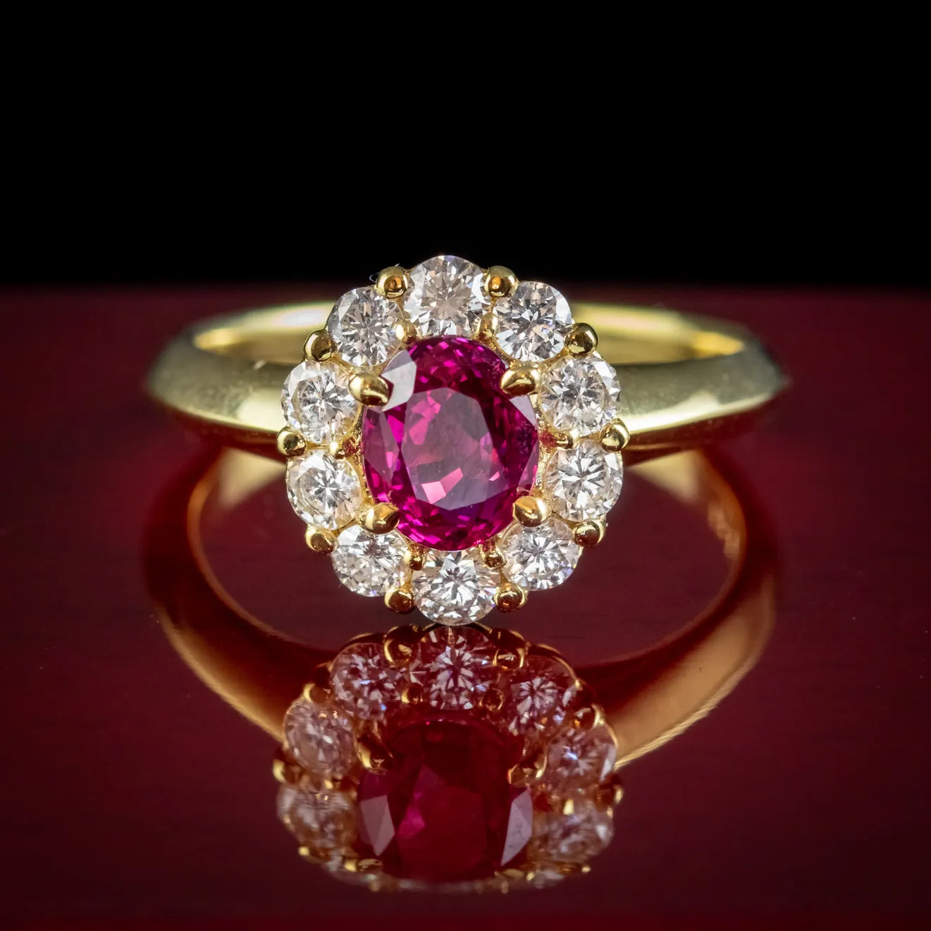 Vintage Burmese Ruby Diamond Cluster Ring 18ct Gold 1.10ct Natural Ruby With Cert