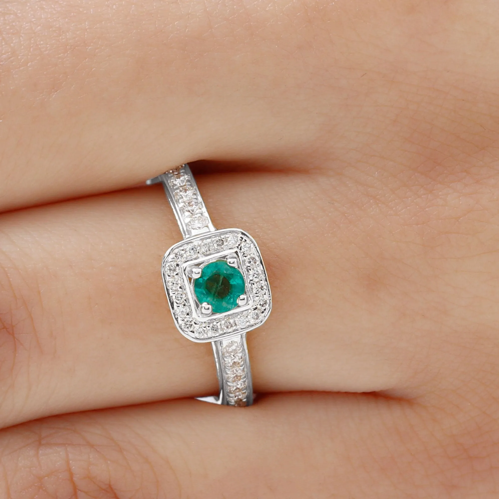 Vintage Inspired Emerald Engagement Ring with Diamond Halo