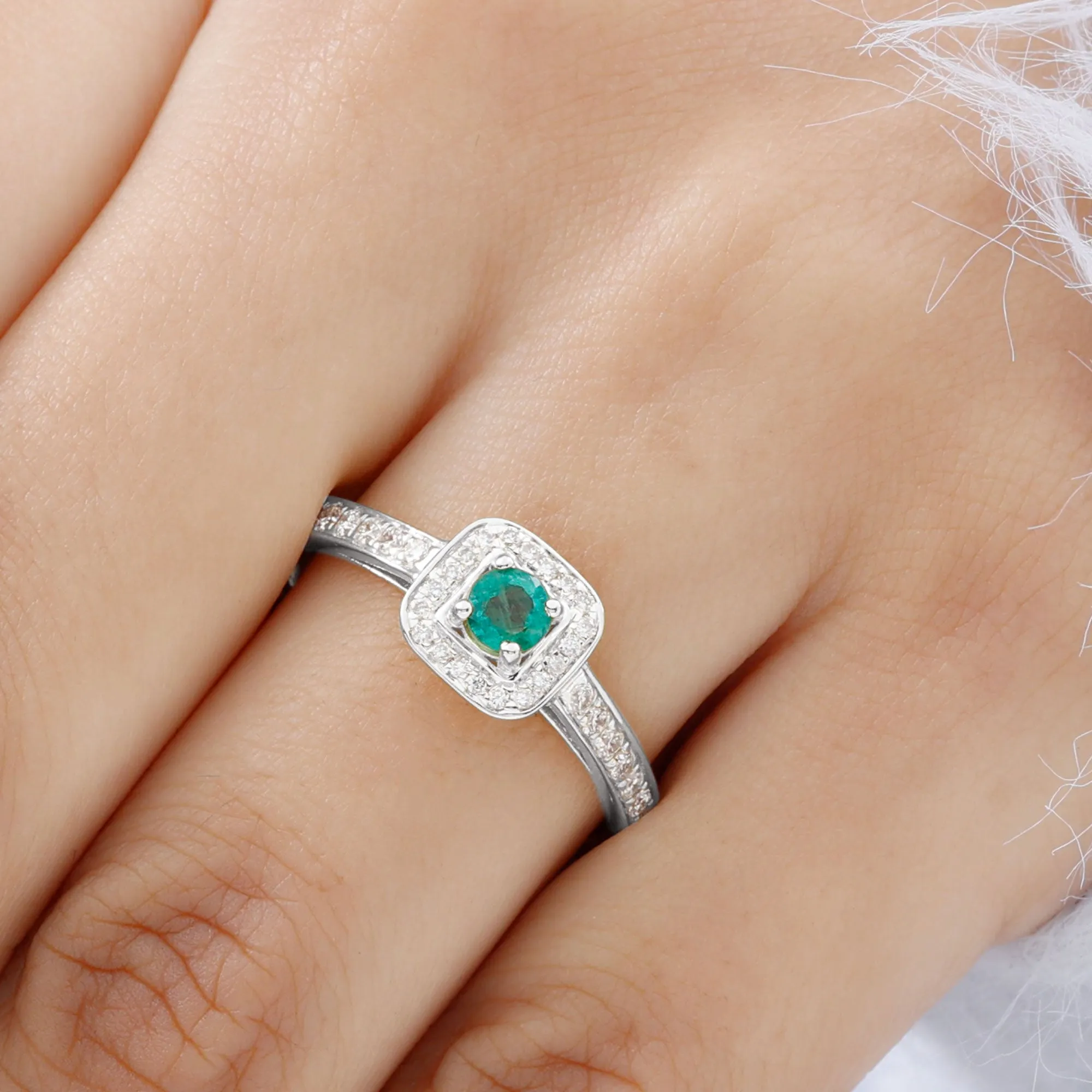 Vintage Inspired Emerald Engagement Ring with Diamond Halo