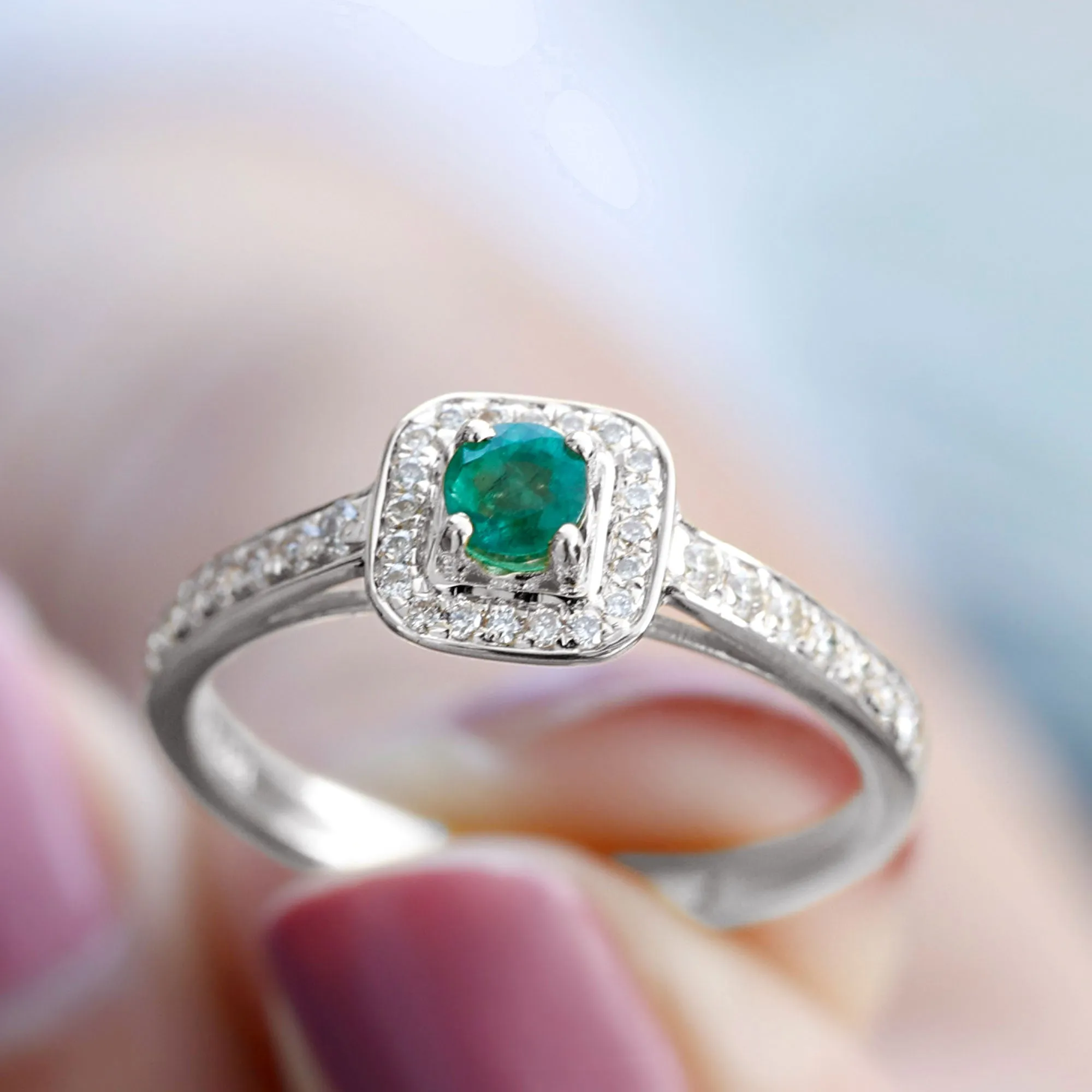 Vintage Inspired Emerald Engagement Ring with Diamond Halo