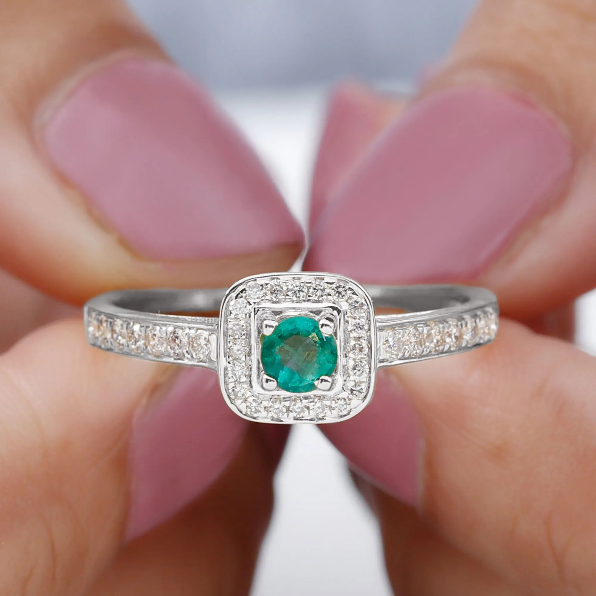 Vintage Inspired Emerald Engagement Ring with Diamond Halo