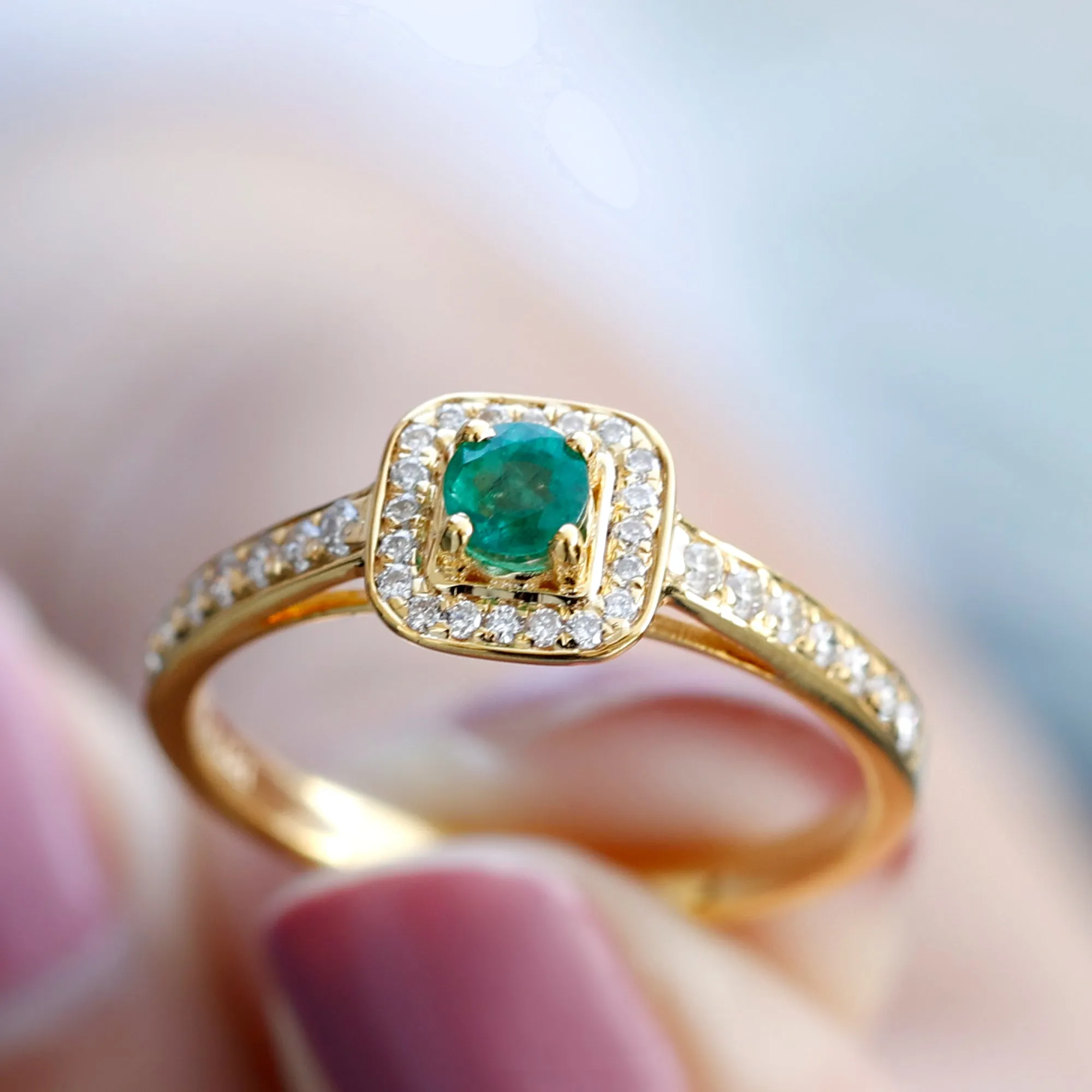 Vintage Inspired Emerald Engagement Ring with Diamond Halo