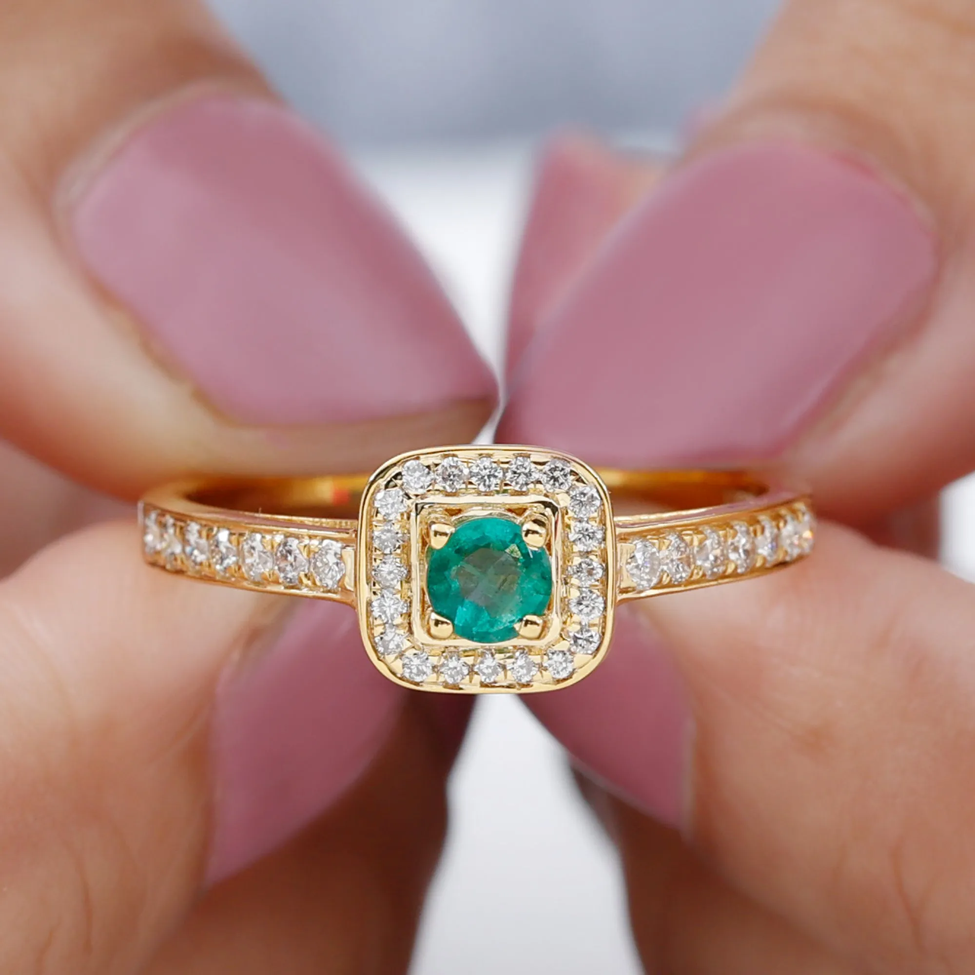 Vintage Inspired Emerald Engagement Ring with Diamond Halo