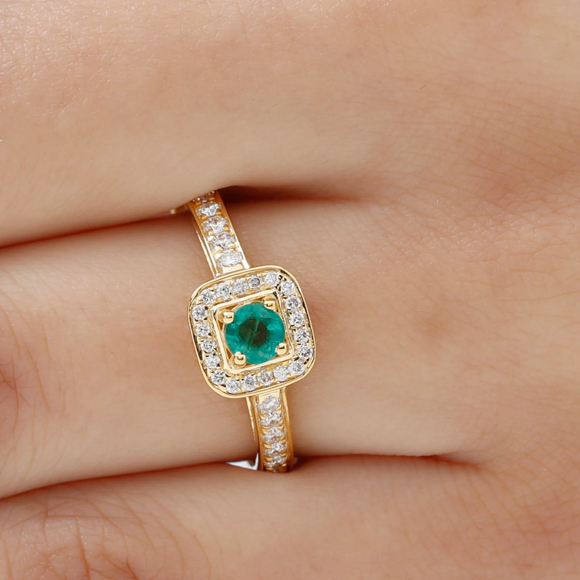 Vintage Inspired Emerald Engagement Ring with Diamond Halo