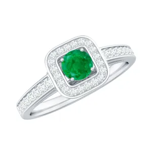 Vintage Inspired Emerald Engagement Ring with Diamond Halo