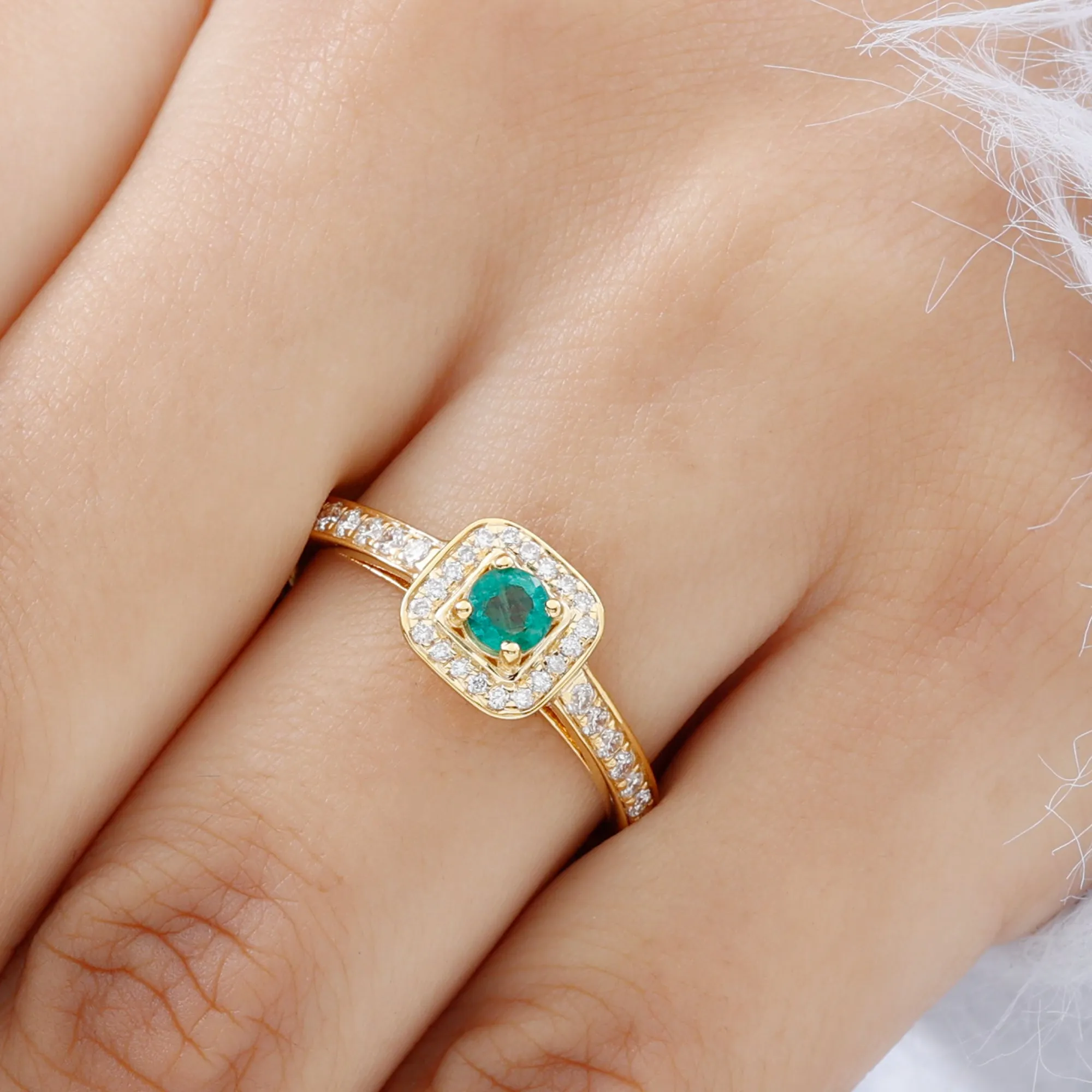 Vintage Inspired Emerald Engagement Ring with Diamond Halo