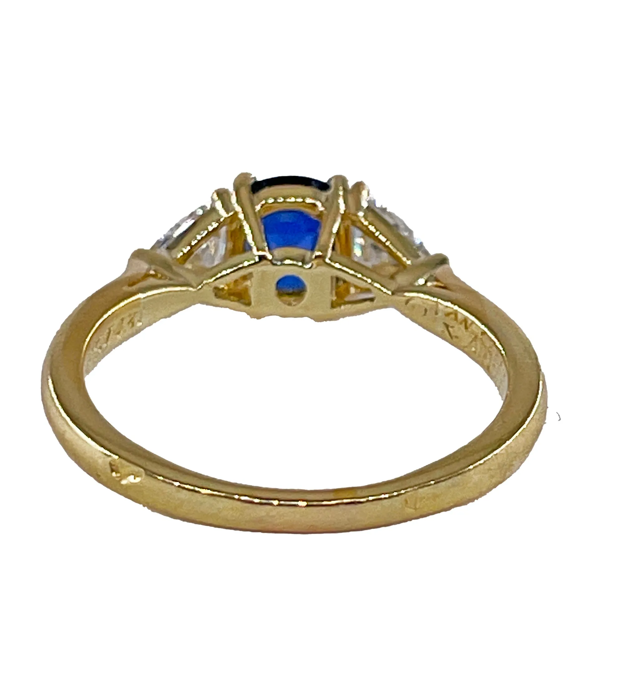 Vintage Van Cleef & Arpels GIA 1.39ctw No-Heat Blue Sapphire and Diamond 3 Stone 18k Yellow Gold Ring