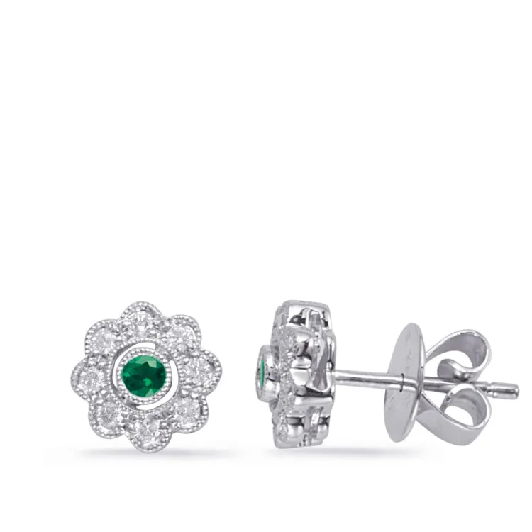 White Gold  Emerald  & Diamond Earring