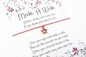 Wish Bracelet - Rose Gold Star Good Luck Charm Gift. Lucky String Bracelet. Choice of Colours Wish Knots