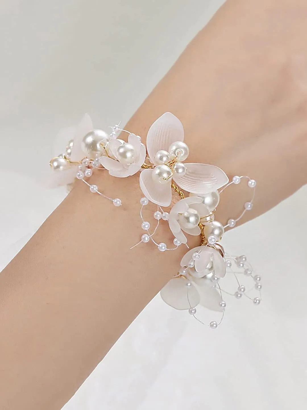 Yellow Chimes Bracelet for women and Girls Pink white Floral Bracelets for Women Bridal Wedding Bracelet Fabric Wrist Band Pink Pearl Hand Bracelet For Women and Girls (Design 3)