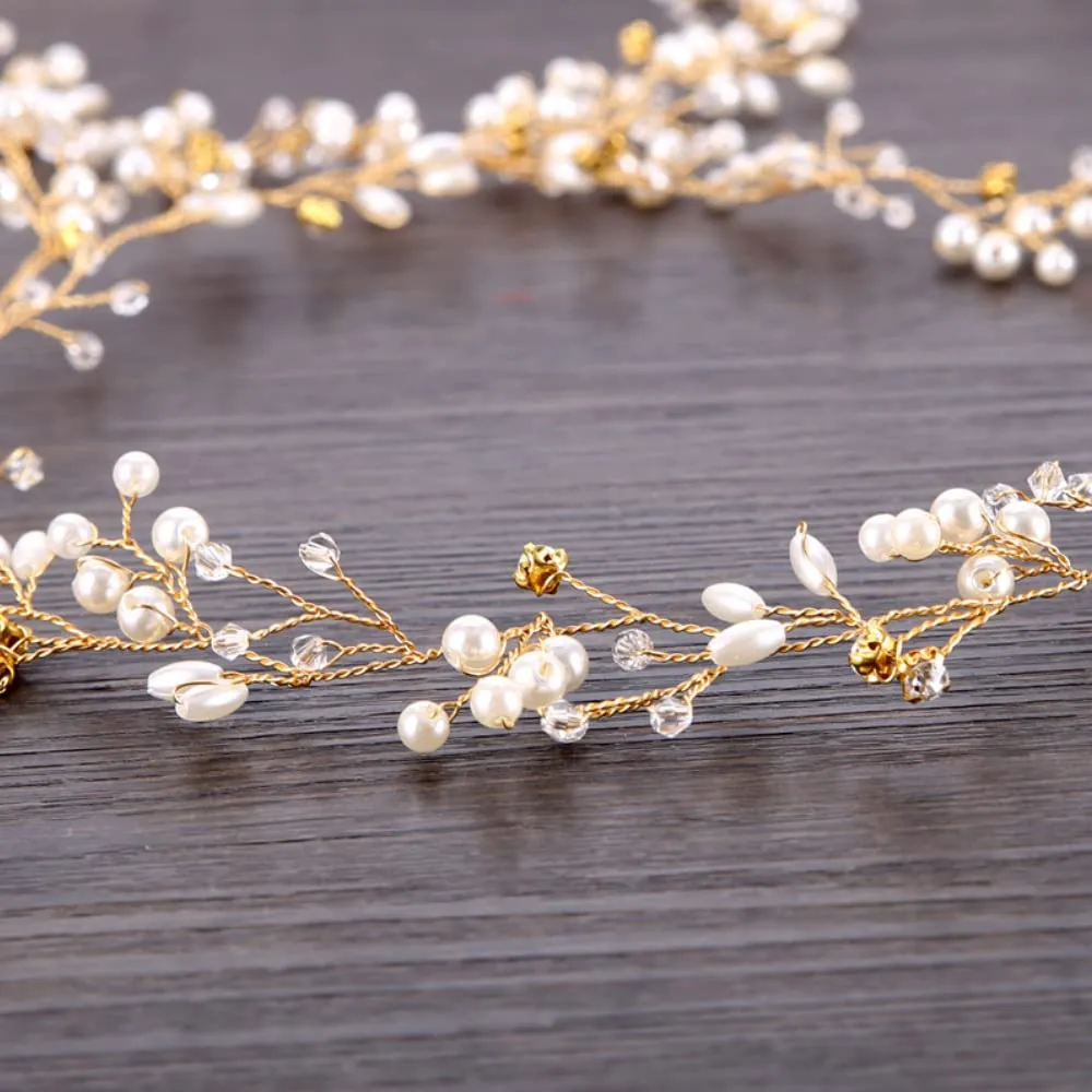 Yellow Chimes Bridal Hair Vine for Women and Girls Bridal Hair Accessories for Wedding Golden Headband Hair Accessories Wedding Jewellery for Women Pearl Bridal Wedding Head band Hair Vine for Girls